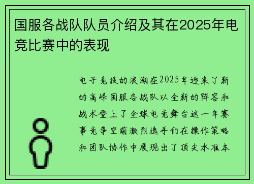 国服各战队队员介绍及其在2025年电竞比赛中的表现